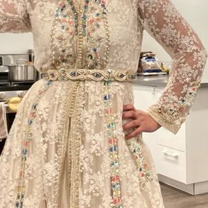 Embellished Long Sleeve Cream Dress